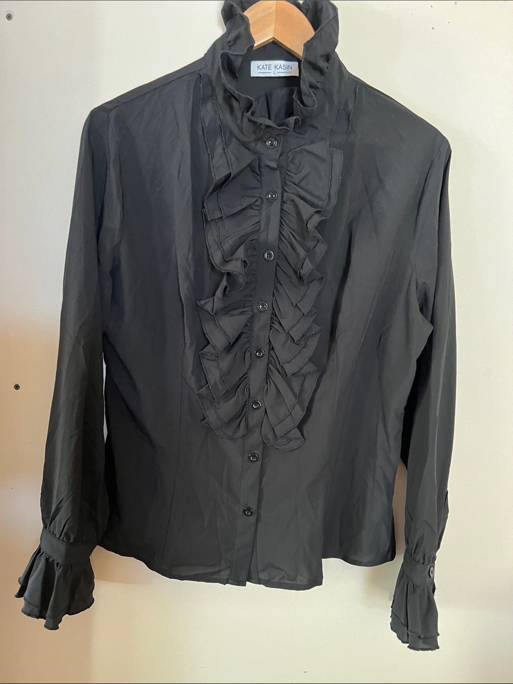 Ruffled High-Neck Black Long-Sleeve Blouse